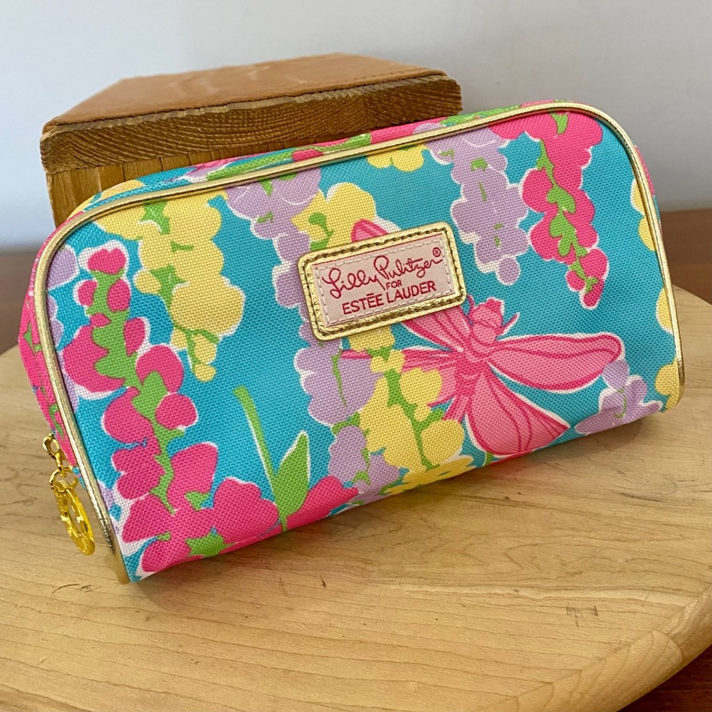 Lilly Pulitzer Estee Lauder Dragonfly Floral Cosmetic Makeup Bag Travel Pouch